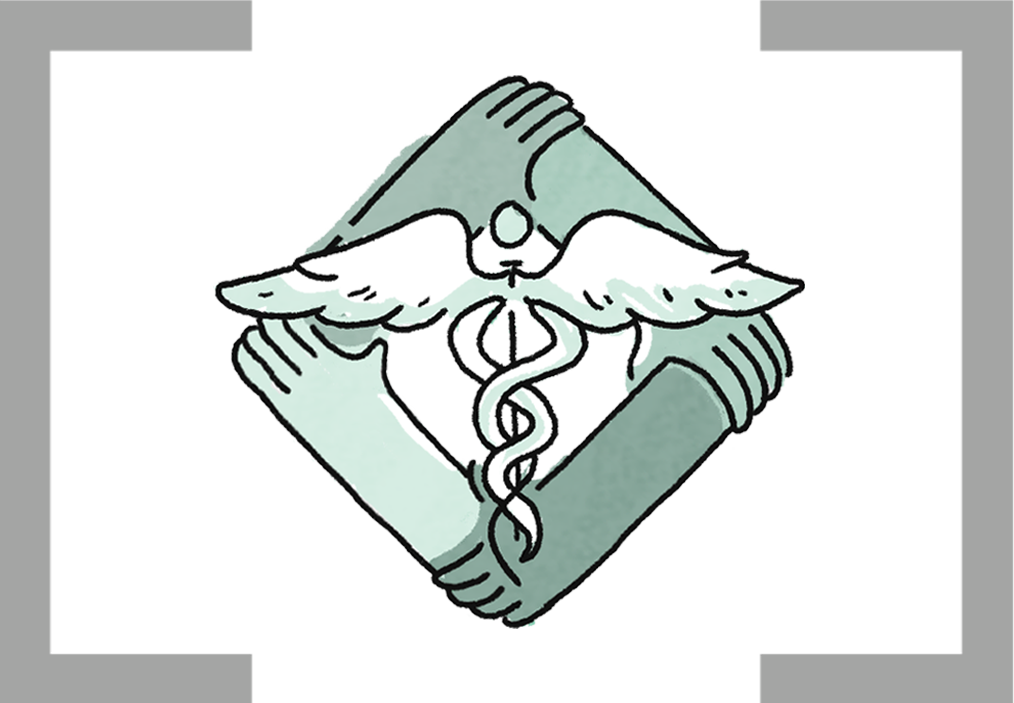 Caduceus with a border of four hands grasping each other