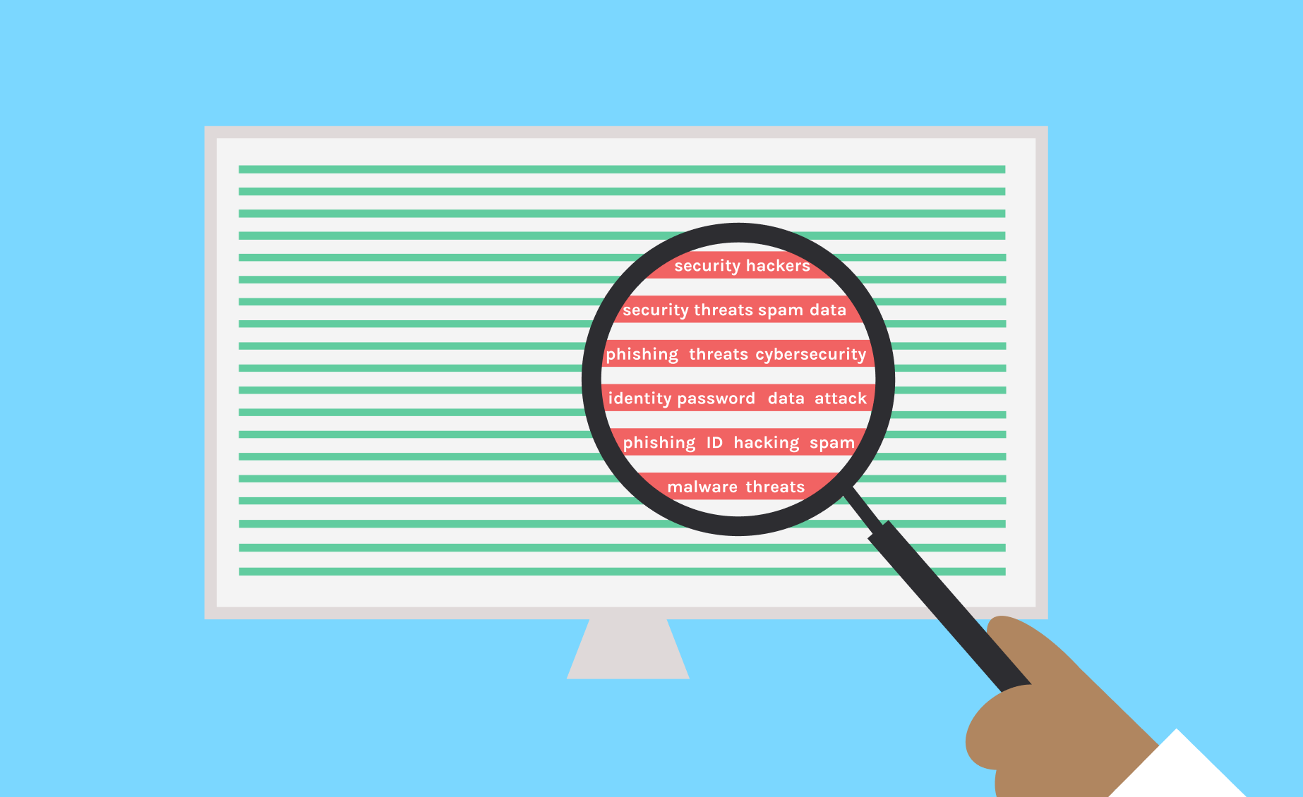 Magnifying glass showing secret security threats on a monitor